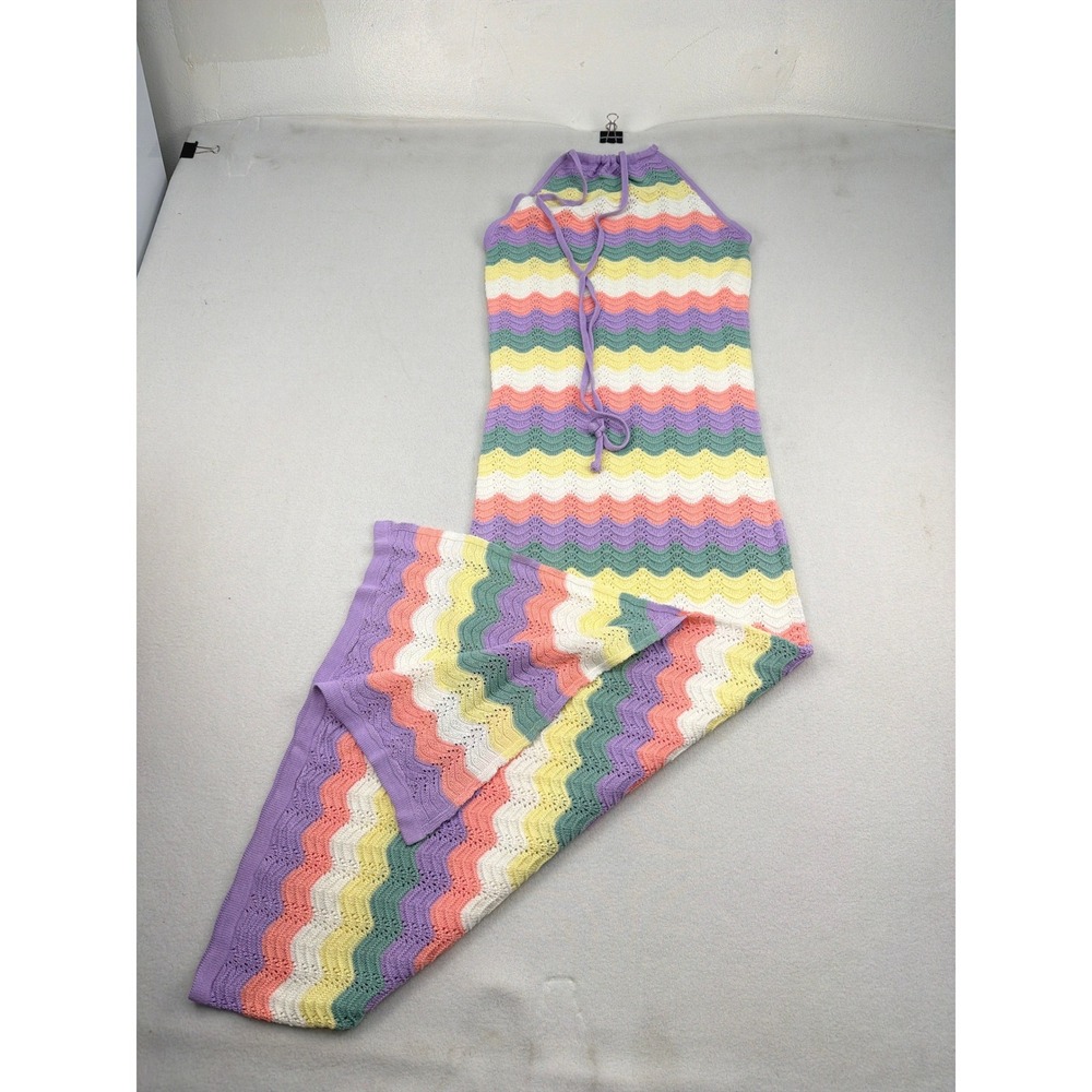 Capittana Cornelia Pastel Maxi Dress XS Crochet Chevron Halter Multicolor S24FWB